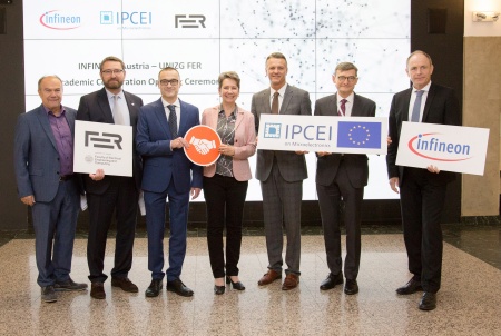 f.l.t.r.: Prof. Željko Jakopović (Project Management University of Zagreb), Vice Rector Prof. Tomislav Josip Mlinarić, Dean Vedran Bilas (both University of Zagreb), Sabine Herlitschka (CEO Infineon Austria), Hrvoje Bujanović (State Secretary of the Republic of Croatia), Josef Markus Wuketich (Austrian Ambassador to Croatia), Oliver Heinrich (CFO Infineon Austria) © FER / University of Zagreb