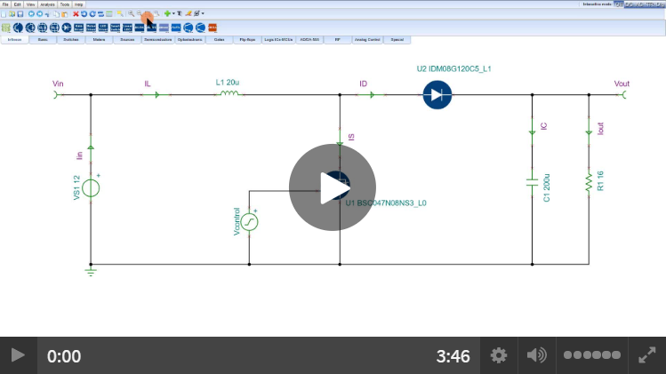 <a href='https://design.infineon.com/tinademo/tina.php?path=EXAMPLESROOT%7CINFINEON%7CApplications%7CIndustrial%7CPower%7C&file=learn_power_boost_24V_ccm_startup.tsc' target='_blank'>Infineon Designer Tutorial 6: How to create a new circuit and wire components.</a>
							Infineon Designer is a free online SPICE simulator. This tutorial video describes how to create a new circuit from blank. The complete circuit creation journey is illustrated with a simple 12 V to 24 V CCM DC-DC boost circuit using Infineon MOSFET and diode. The library with some major components is introduced. Some tricks during wiring the components are explained.