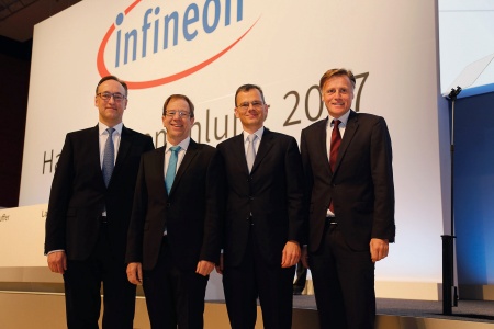 Der Vorstand der Infineon Technologies AG auf der Hauptversammlung 2017: Dr. Helmut Gassel, Dr. Reinhard Ploss, Dominik Asam, Jochen Hanebeck (v.l.n.r.).